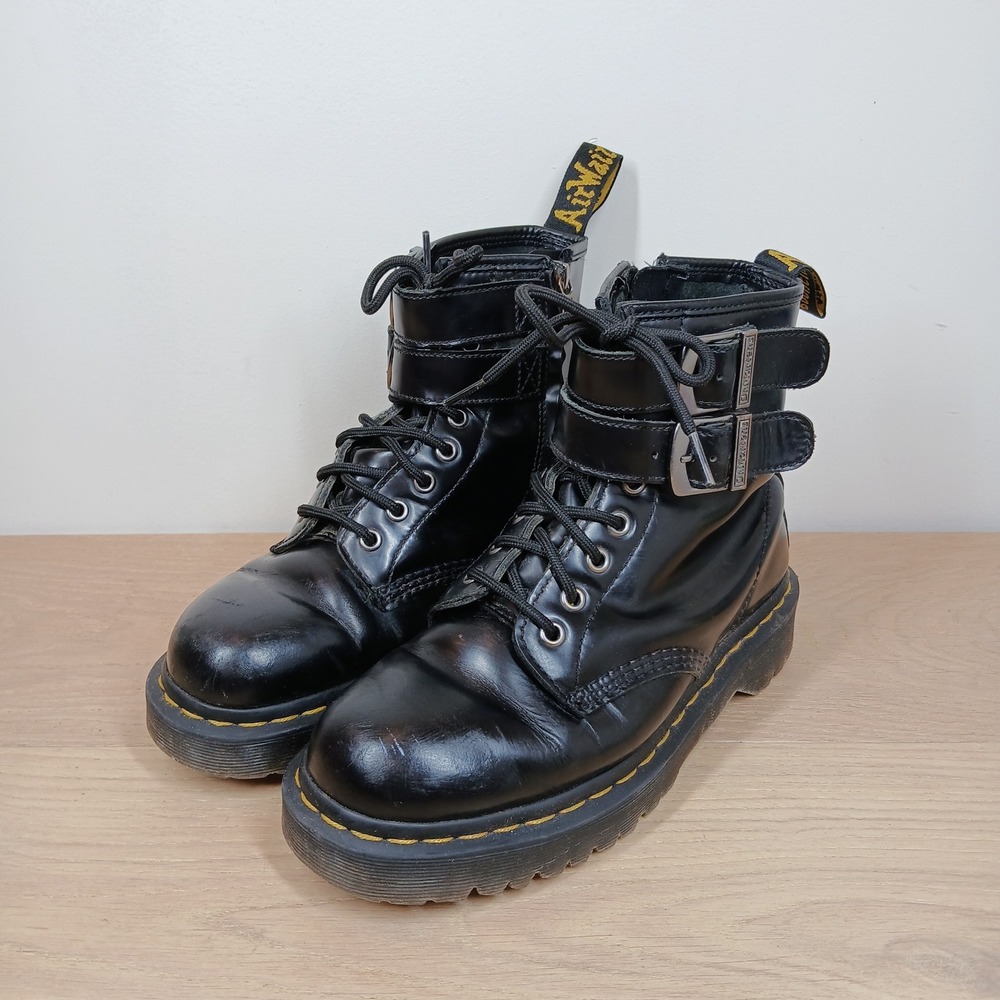 Dr. Martens Boots Women 8 Black Leather Ankle Double Buckle Platform Punk Goth